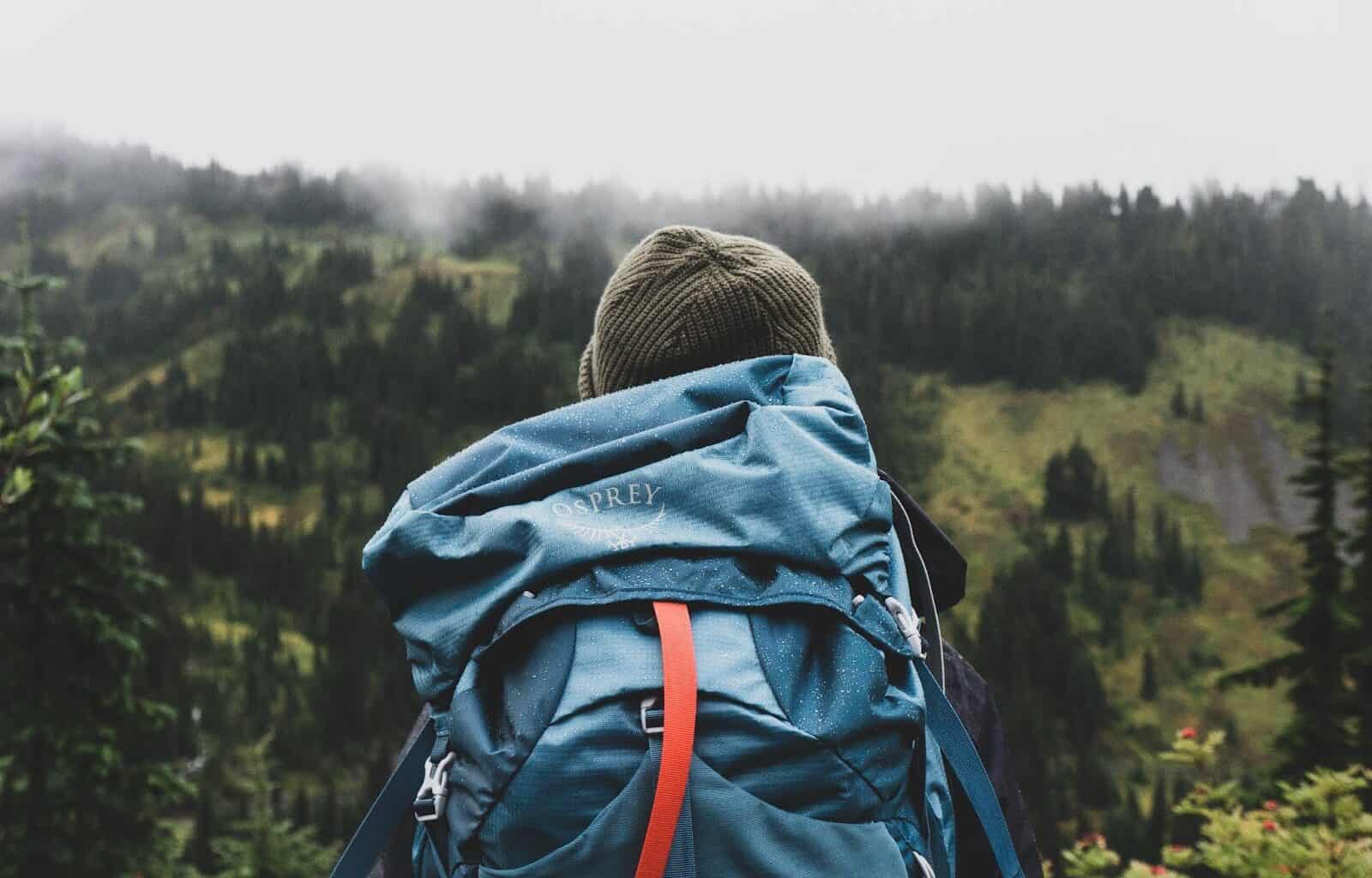 Man’s backpack ready for adventure in the wilderness
