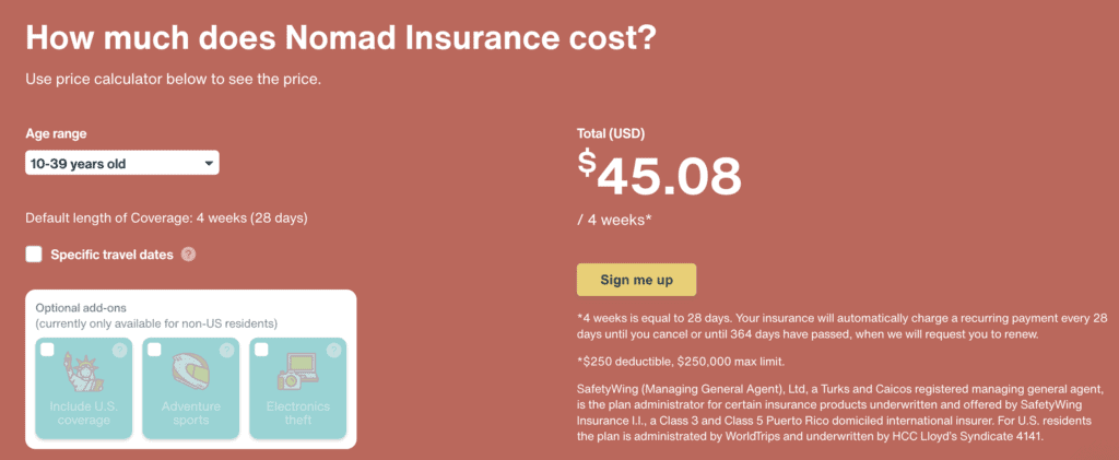 safetywing nomad insurance calculator 