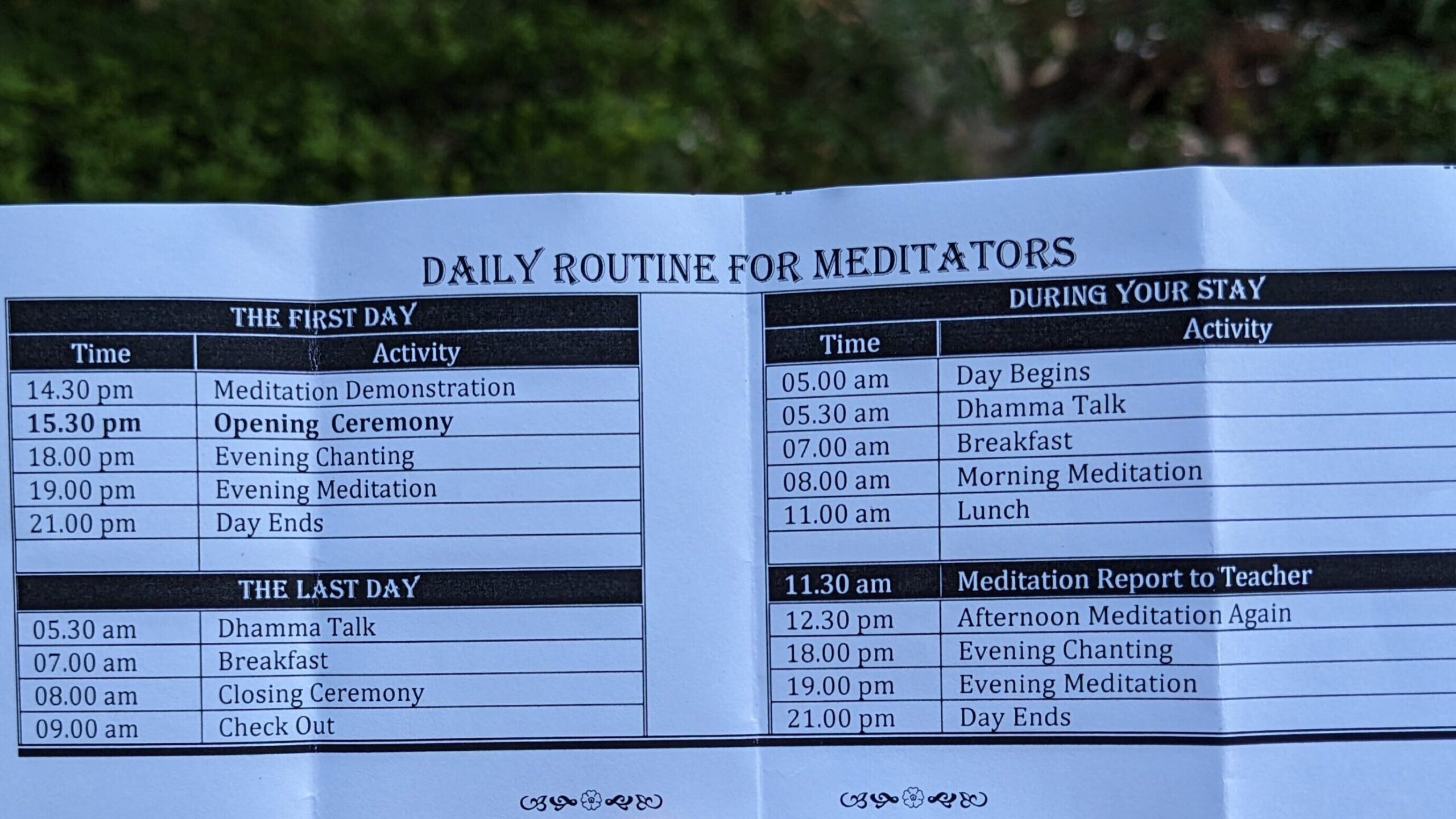 Daily schedule at Doi Suthep Vipassana